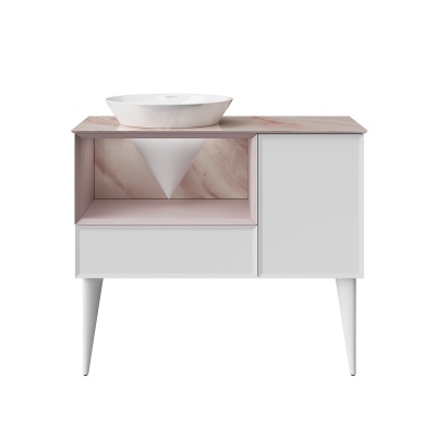 Тумба Cono/Коно подвесная с открытой полкой и ящиками 97, белая матовая-мальва Тумба Cono/Коно подвесная с открытой полкой и ящиками 97, белая матовая-мальва