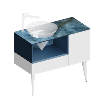 Тумба Cono/Коно подвесная с открытой полкой и ящиками 97, белая матовая-синяя Тумба Cono/Коно подвесная с открытой полкой и ящиками 97, белая матовая-синяя