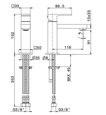 Смеситель для раковины FUTURA однорычажный, без донного клапана 3/8, матовый черный Смеситель для раковины FUTURA однорычажный, без донного клапана 3/8, матовый черный