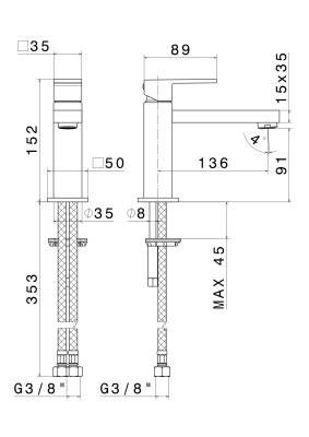 Смеситель для раковины FUTURA однорычажный без донного клапана 3/8, хром Смеситель для раковины FUTURA однорычажный без донного клапана 3/8, хром