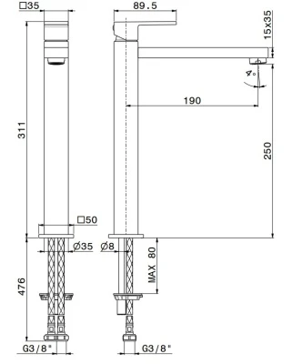 Смеситель для раковины FUTURA однорычажный, высокий, без донного клапана 3/8, хром Смеситель для раковины FUTURA однорычажный, высокий, без донного клапана 3/8, хром